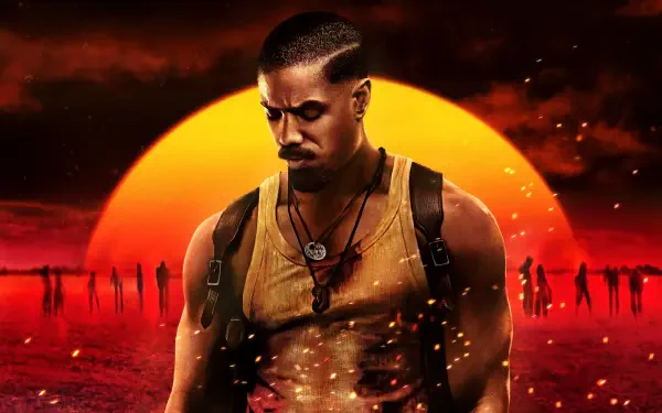 Sinners — muscular man in a tank top and pendant stands before a blazing red sunset, shadowy figures on a fiery plain. 4K Ultra HD PC desktop wallpaper and background.
