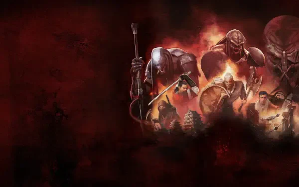 Predator: Killer Of Killers — 4K Ultra HD PC desktop wallpaper depicting several Predators in armored, battle-ready poses amid fiery red smoke.