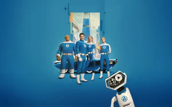 4K Ultra HD PC desktop wallpaper The Fantastic Four: First Steps — four blue‑suited Fantastic Four members and a small robot standing against a minimalist cyan backdrop.