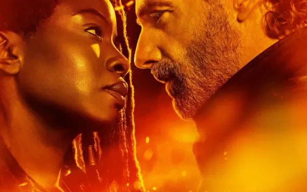 Close-up of two faces locked in an intense stare amid orange embers — 4K Ultra HD PC desktop wallpaper for The Walking Dead: The Ones Who Live.