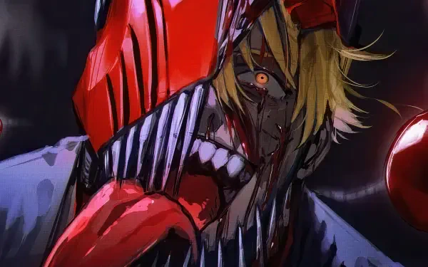 Chainsaw Man close-up: blood-splattered mechanical jaw, glowing eye and red helmet — dark, intense 4K Ultra HD PC desktop wallpaper background.
