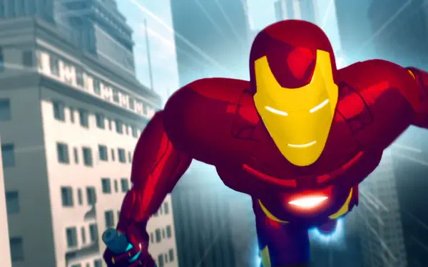 Iron Man: Armored Adventures — animated Iron Man flying over skyscrapers with glowing arc reactor; 4K Ultra HD PC desktop wallpaper/background.