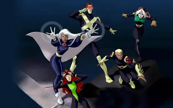 X-Men: Evolution HD PC desktop wallpaper showing the team — Storm, Rogue, Cyclops and others — striking dynamic action poses on a dark blue background.