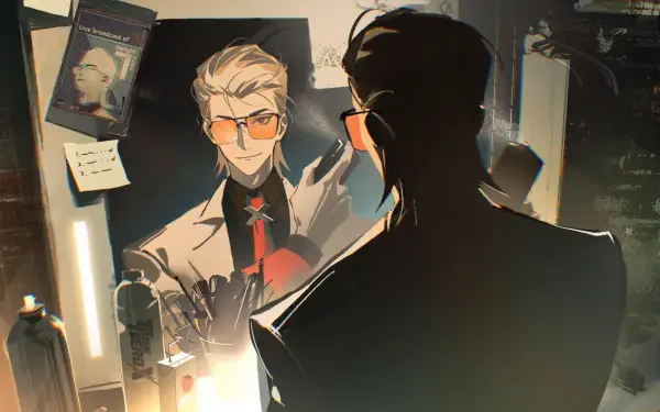 To Be Hero X HD PC desktop wallpaper: stylized man in glasses and suit adjusts his tie before a mirror, moody warm lighting and reflective details.