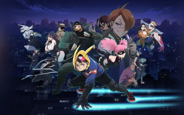 My Hero Academia: Vigilantes 2K Quad HD PC desktop wallpaper/background depicting the Vigilantes cast in action over a neon-lit city skyline at night.