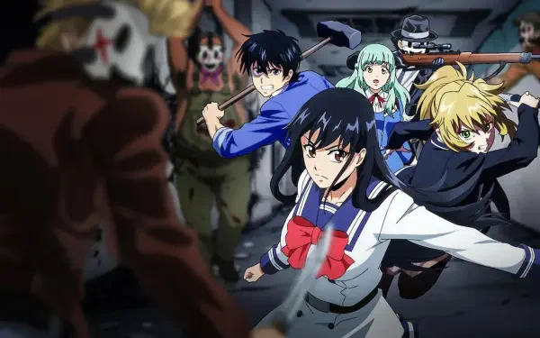 High-Rise HD PC desktop wallpaper and background: anime action scene of a schoolgirl in a sailor uniform and allies sprinting through a dim corridor to confront a masked clown.