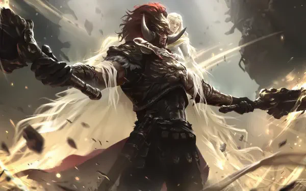 HD PC desktop wallpaper of the video game Elden Ring — Starscourge Radahn amid swirling light and debris, Miquella of the Haligtree's radiance in the Shadow of the Erdtree art.