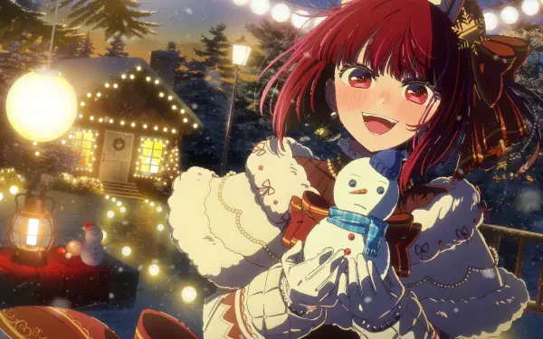 HD PC desktop wallpaper of Kana Arima from Oshi no Ko: anime winter scene — she smiles holding a tiny snowman by glowing lanterns and twinkling lights, festive night background.