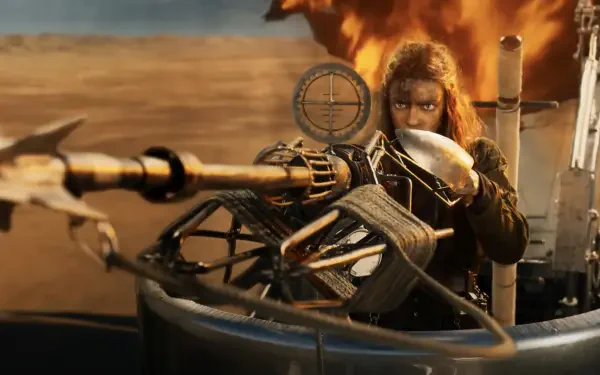 Furiosa: A Mad Max Saga 4K Ultra HD PC desktop wallpaper showing a gritty warrior aiming a mounted gun from a moving vehicle across a dusty desert landscape.