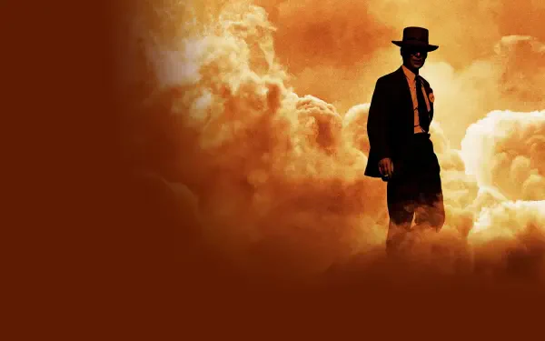 Oppenheimer-themed 4K Ultra HD PC desktop wallpaper: silhouetted man in hat amid an orange mushroom cloud background.