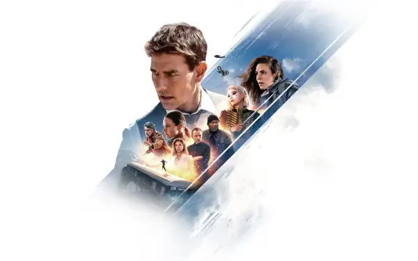 4K Ultra HD PC desktop wallpaper for Mission: Impossible - Dead Reckoning Part One — large portrait of a lead agent with a diagonal collage of team members on a smoky white background.