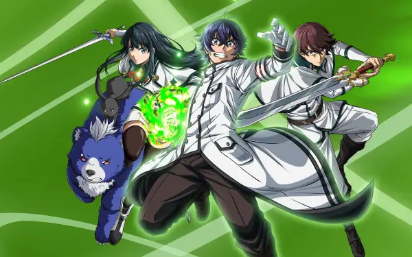 The Wrong Way to Use Healing Magic — 4K Ultra HD PC desktop wallpaper: three anime heroes in white coats wield swords and glowing green healing magic, blue dog companion, dynamic green background.