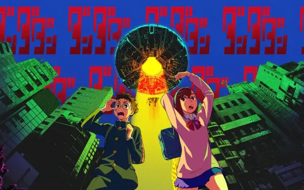 Dandadan 4K Ultra HD PC desktop wallpaper/background: two protagonists flee a glowing, cracked orb over a neon cityscape with repeating red Japanese text.