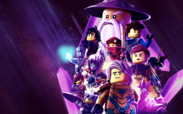 Ninjago HD PC Desktop Wallpaper and Background: LEGO ninja heroes and a robed bearded master amid glowing purple crystals and crackling mystical energy.