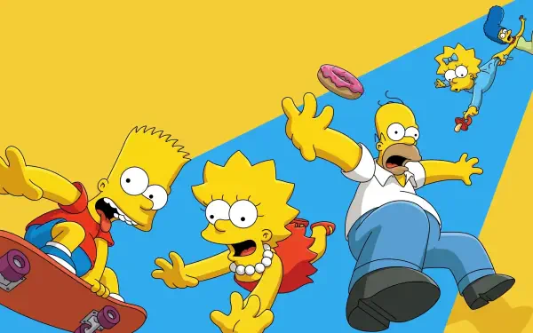 The Simpsons — Bart, Lisa, Homer and Maggie streak across bold yellow and blue diagonals; 4K Ultra HD PC desktop wallpaper and background.