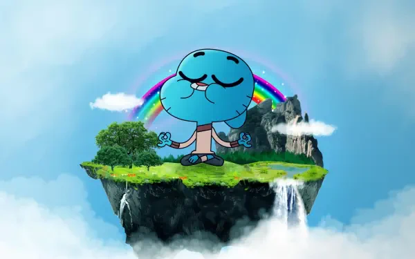 The Amazing World of Gumball 4K Ultra HD PC desktop wallpaper showing Gumball meditating on a floating grassy island with a rainbow, waterfalls and clouds against a bright blue sky.