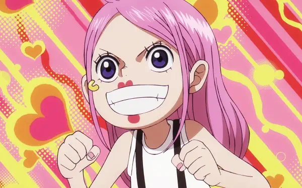 HD PC desktop wallpaper of Jewelry Bonney (One Piece): pink-haired anime girl grinning with fists raised against a bright, heart-filled pink and yellow background.