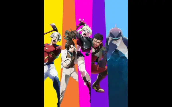 Suicide Squad Isekai artwork: stylized squad members leaping in action across bold vertical rainbow stripes — 2K Quad HD PC desktop wallpaper and background.