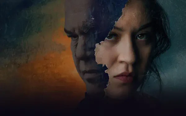 Echo (2024) HD PC desktop wallpaper: torn-paper split portrait of a brooding man and an intense woman set against a moody orange-to-blue gradient.
