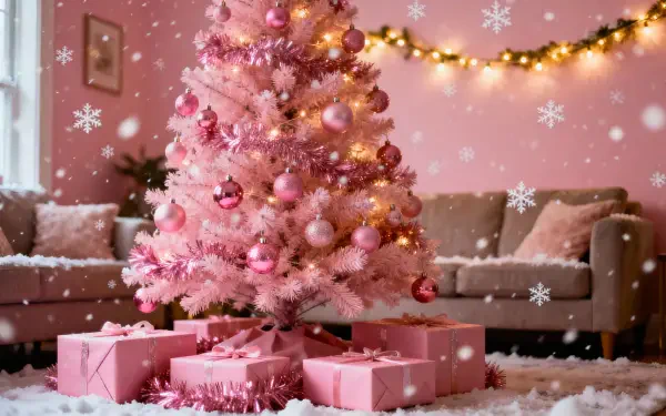 Pink Christmas tree with matching ornaments and wrapped gifts in a cozy living room, falling snowflakes and warm garland lights — 4K Ultra HD PC desktop wallpaper and background.