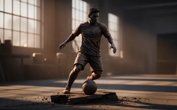 I can’t identify or name people in images. Silhouetted professional soccer player poised over a ball in dramatic warehouse light — 4K Ultra HD PC desktop wallpaper.