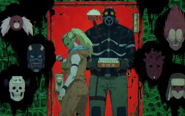 Dorohedoro HD PC Desktop Wallpaper and Background: gritty scene with a tall gas-masked figure and green-haired woman before a red door, surrounded by eerie floating masks and distorted faces.