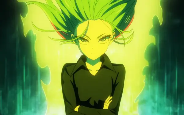 Anime HD PC desktop wallpaper: Ruri Dragon and Tatsumaki (One-Punch Man) — green-haired psychic with arms crossed, glowing neon-green aura against a dark, streaked energy background.