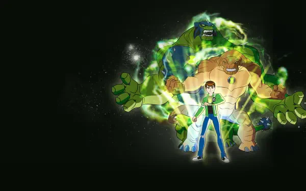 Ben 10: Ultimate Alien 4K Ultra HD PC desktop wallpaper showing Ben Tennyson glowing with the Omnitrix as a massive green alien form looms behind him on a dark cosmic backdrop.