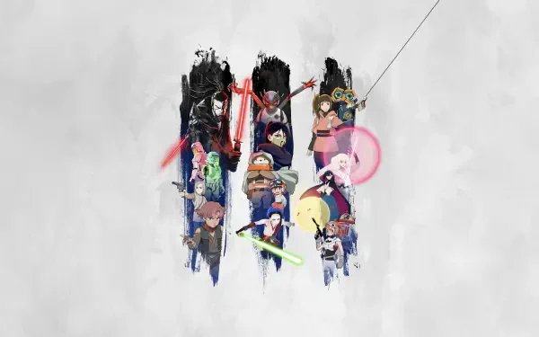 Star Wars: Visions collage of stylized characters with lightsabers and samurai motifs on a pale textured background — 4K Ultra HD PC desktop wallpaper