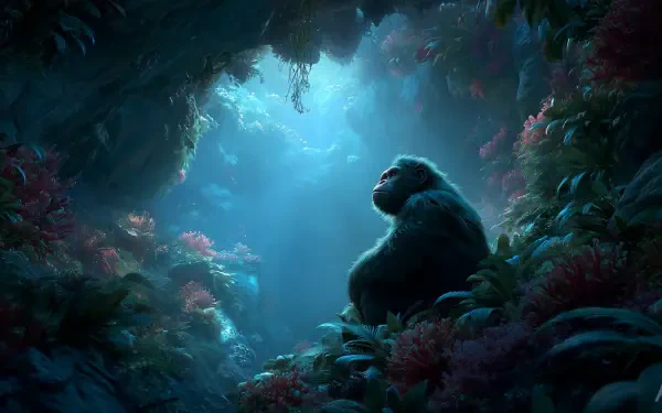 2K Quad HD AI art PC wallpaper: a solitary animal sits in a luminous cave grotto, surrounded by bioluminescent plants and a small crab.