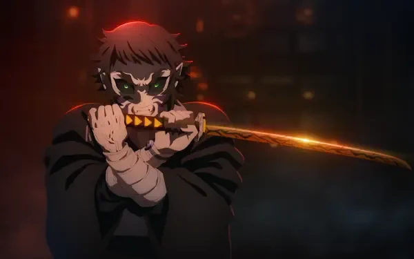 Anime HD PC desktop wallpaper from Demon Slayer: Kimetsu no Yaiba — a masked demon slayer grips a glowing, fiery katana amid a dark, red-tinged background.