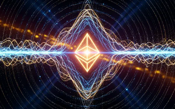 4K Ultra HD PC desktop wallpaper: glowing Ethereum symbol centered amid pulsating electric waves and concentric starfield rings on a dark cosmic background.