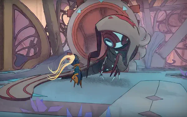 HD PC desktop wallpaper from the video game Mio: Memories in Orbit — a small cloaked character with flowing scarf faces a large glowing-eyed hooded creature in a stylized, pastel interior.