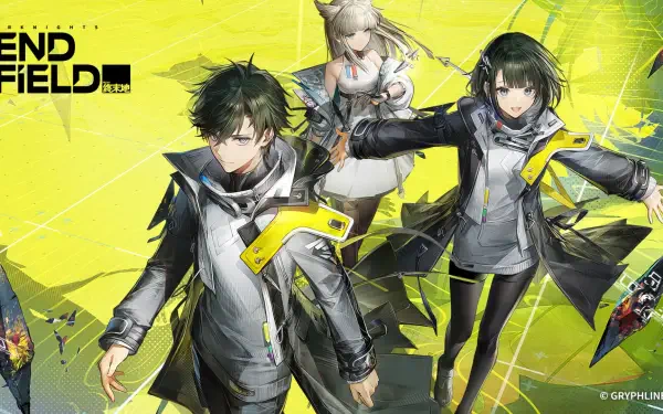 Video game HD PC desktop wallpaper for Arknights: Endfield showing three stylized characters in gray-and-yellow outfits against a vibrant yellow geometric background.
