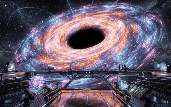 4K Ultra HD PC Desktop Wallpaper and Background: futuristic observation deck with consoles facing a luminous, swirling black hole and colorful galaxy reflected on a glossy floor.