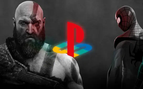 4K PlayStation wallpaper with Kratos (God of War 2018) and Spider-Man flanking a glowing PlayStation logo, with visual nods to The Last of Us and Uncharted 4: A Thief's End.