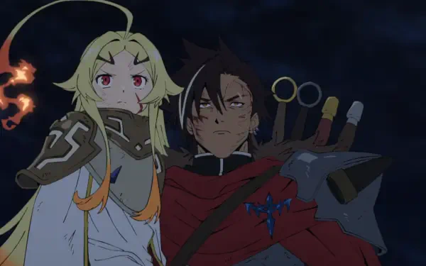 HD PC desktop wallpaper: anime characters Teoritta and Xylo Forbartz from Sentenced to Be a Hero — Teoritta with a small flame, Xylo in a red cloak clutching weapons against a dark sky.