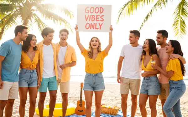 Sunlit beach group smiling as one holds a Good Vibes Only sign; bright, tropical scene rendered as a 4K Ultra HD PC desktop wallpaper.