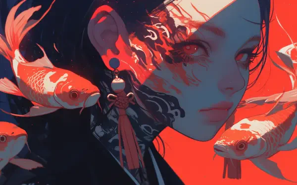 AI Art anime girl portrait with red koi swirling around her face, vivid red-blue contrast — 2K Quad HD PC desktop wallpaper/background.