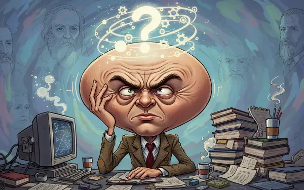 4K Ultra HD PC wallpaper: caricature of a pensive man with an oversized head and glowing question-mark halo, seated at a cluttered desk with stacks of books, a vintage computer and coffee.