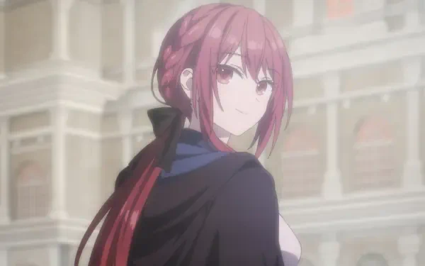 HD PC desktop wallpaper of Selma Clodel from the anime Jack-of-All-Trades Party of None: red-haired woman in a dark cloak gazing over a sunlit plaza with classical architecture.