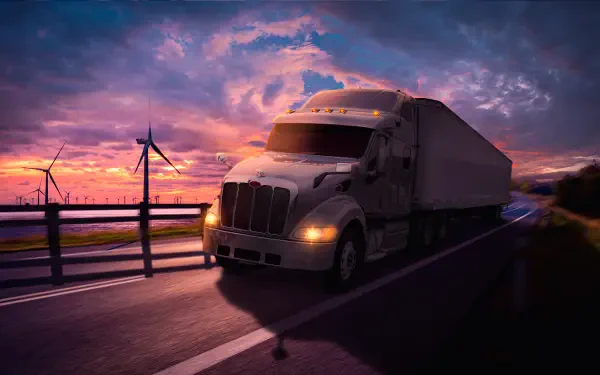 Truck hauling a trailer along a wet highway at sunset, wind turbines on the horizon and dramatic clouds — 4K Ultra HD PC desktop wallpaper and background.