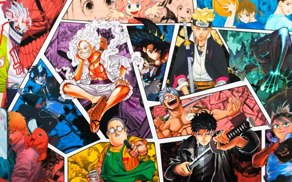 HD desktop wallpaper: vibrant crossover collage of Kagurabachi, One Piece, Naruto, and Sakamoto Days characters arranged in dynamic comic-panel style.