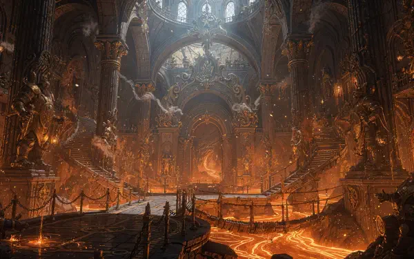 4K Ultra HD PC desktop wallpaper and background: a molten-lit Gothic throne hall with flowing lava rivers, ornate statues, chandeliers and vaulted arches.