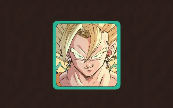 Minimalist 4K Ultra HD PC wallpaper: Vegito (Dragon Ball Z) as Super Saiyan 2, close-up portrait with glowing golden hair in a teal-framed square on a dark background.
