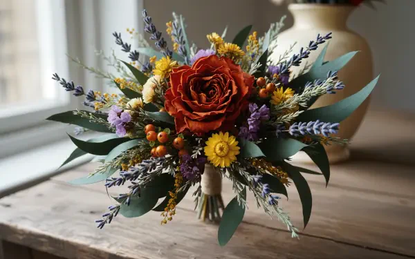 4K Ultra HD PC desktop wallpaper of a dried flower bouquet: rust-red rose, lavender sprigs, yellow blooms and eucalyptus on a wooden windowsill.