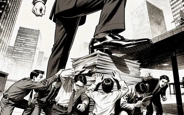 Monochrome 4K Ultra HD PC Desktop Wallpaper and Background: a giant suited figure's polished shoe crushing stacks of papers while small office workers strain beneath it amid city skyscrapers.