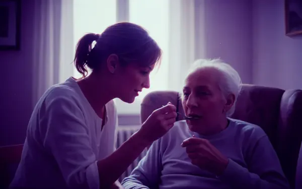 Caregiver feeding an elderly person in a softly lit room, a warm intimate scene rendered as a 4K Ultra HD PC desktop wallpaper background.