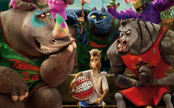 4K Ultra HD PC desktop wallpaper from the movie Goat (2026): a young goat holding a basketball amid colorful anthropomorphic teammates and rivals.