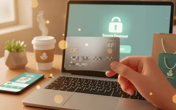 4K Ultra HD PC desktop wallpaper/background showing a hand holding a credit card in front of a laptop screen with a secure payment padlock, phone and coffee nearby.